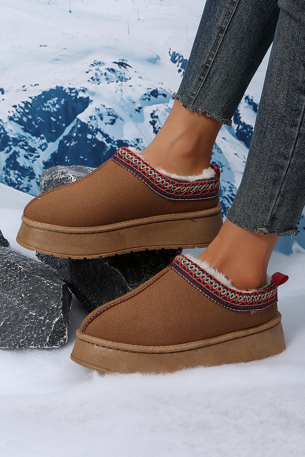 Contrast Print Suede Plush Lined Snow Boots