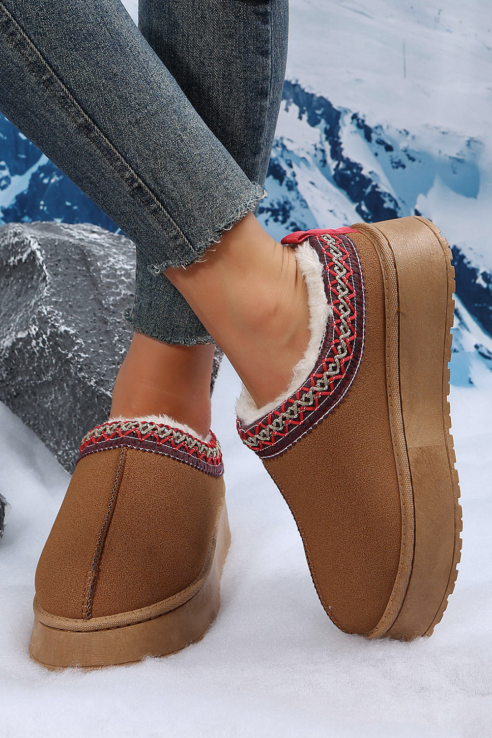 Contrast Print Suede Plush Lined Snow Boots