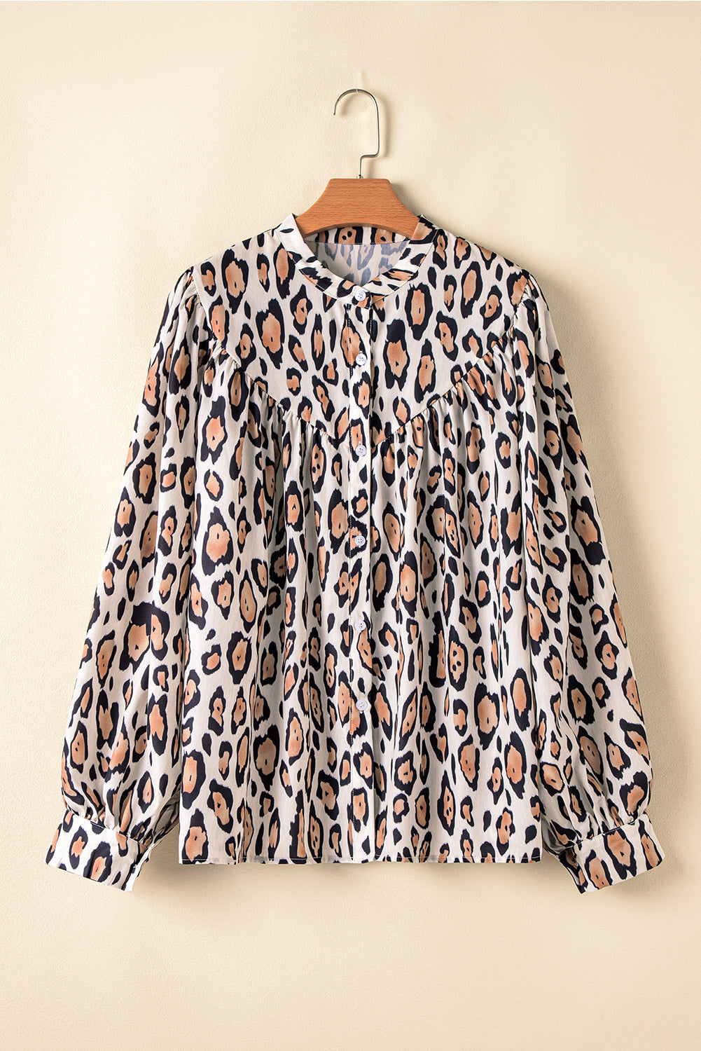 Light French Beige Oversized Leopard Print Balloon Sleeve Casual Shirt