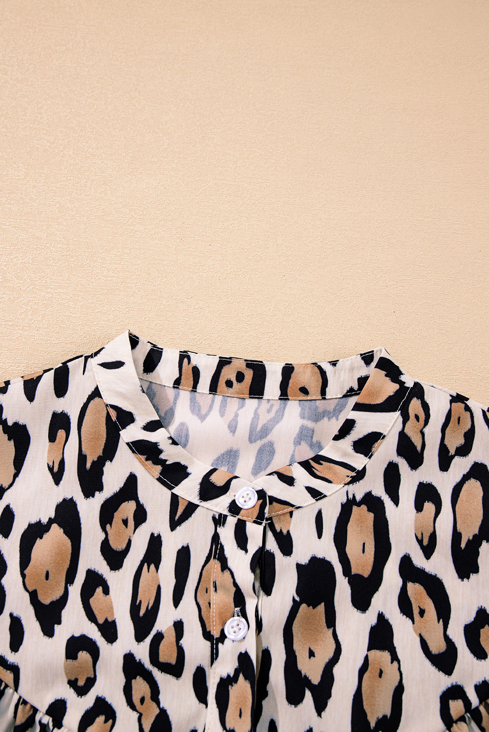 Light French Beige Oversized Leopard Print Balloon Sleeve Casual Shirt