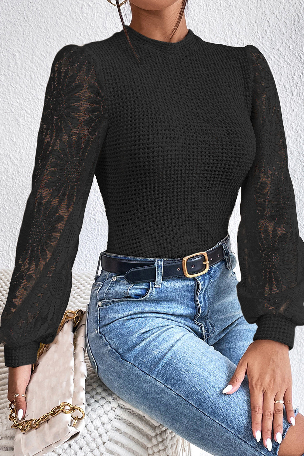 Sunflower Mesh Bubble Sleeve Waffle Knit Top