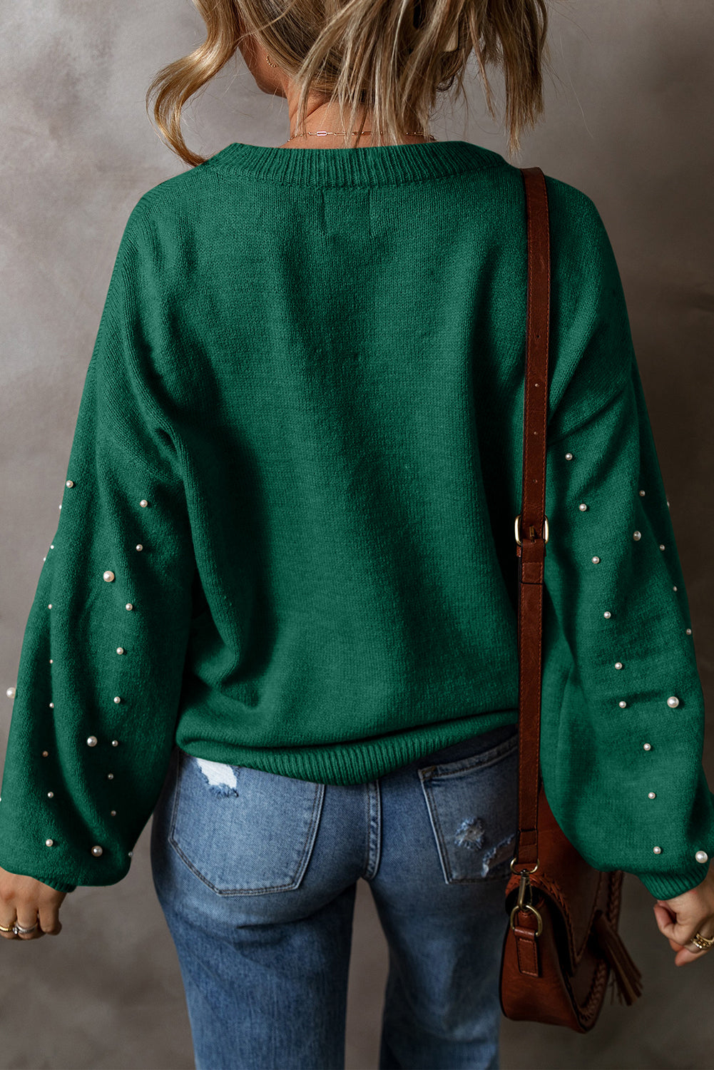 Pearled Drop Shoulder Round Neck Sweater