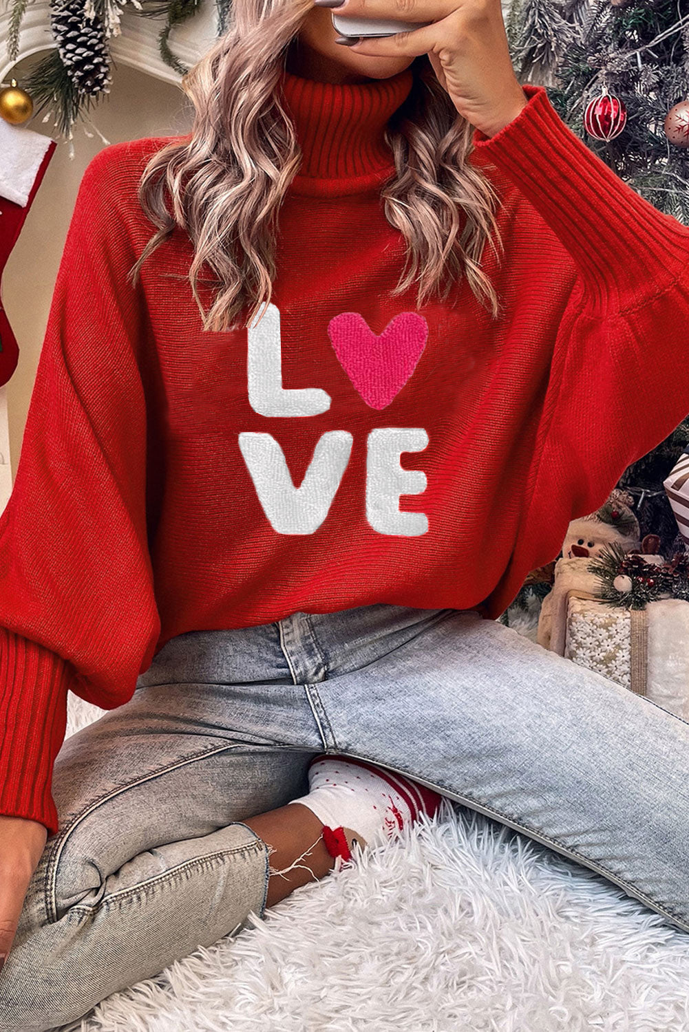 Merry Letter Embroidered High Neck Sweater