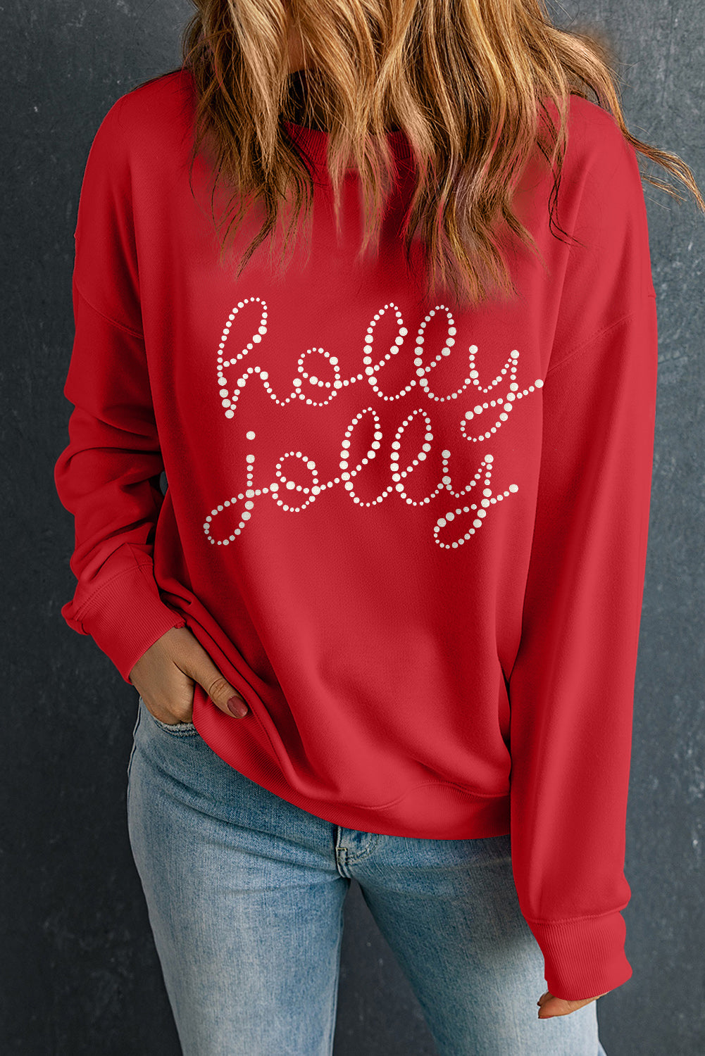 Red Christmas holly jolly Ceramic Rhinestone Letter Graphic Sweatshirt