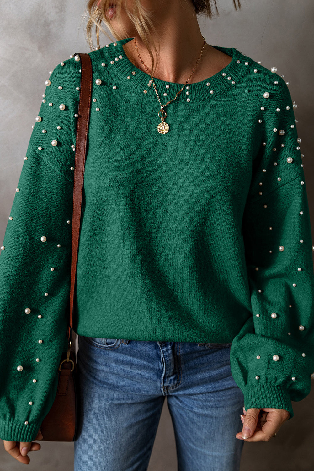 Pearled Drop Shoulder Round Neck Sweater