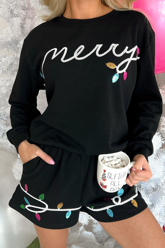 Black Sequin Merry Graphic Pullover and Shorts Outfit