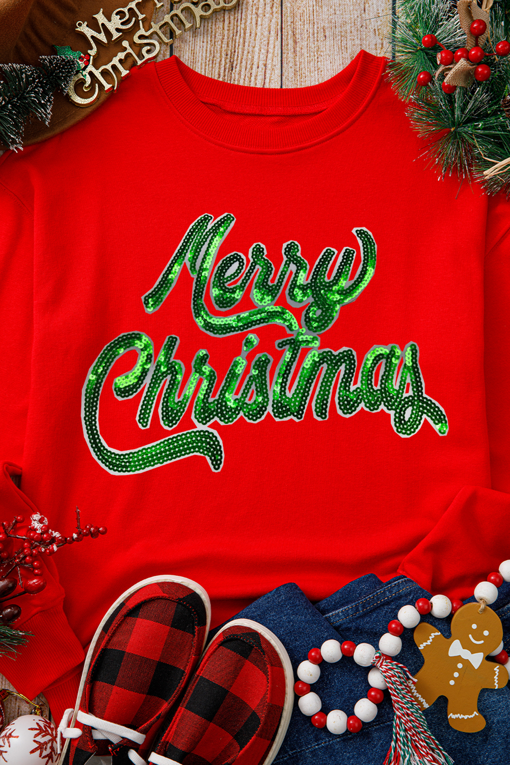 Red Merry Christmas Crewneck Drop Shoulder Loose Sweatshirt