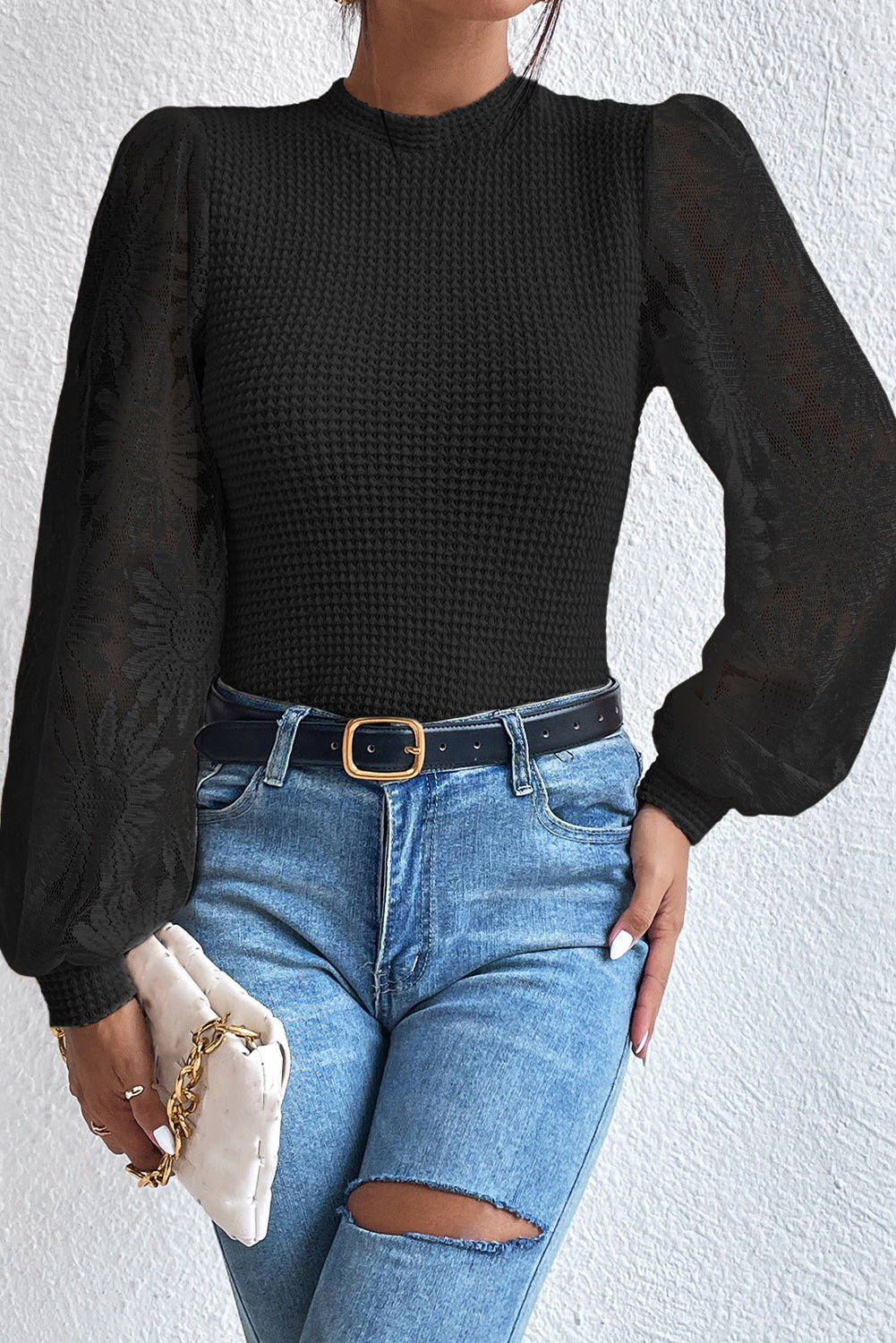 Sunflower Mesh Bubble Sleeve Waffle Knit Top