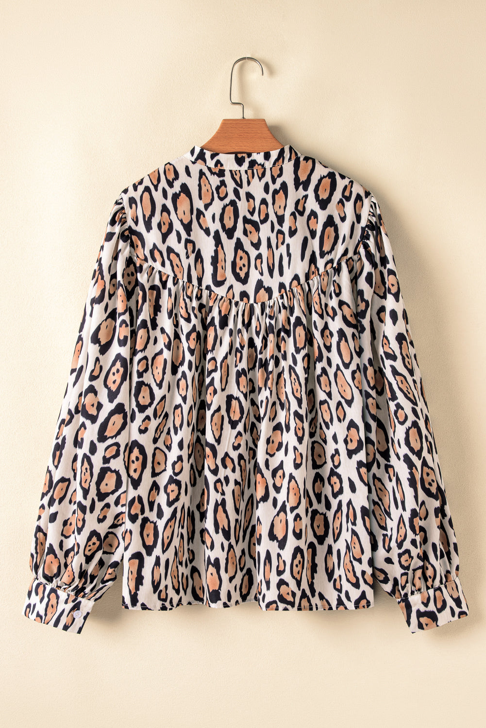 Light French Beige Oversized Leopard Print Balloon Sleeve Casual Shirt