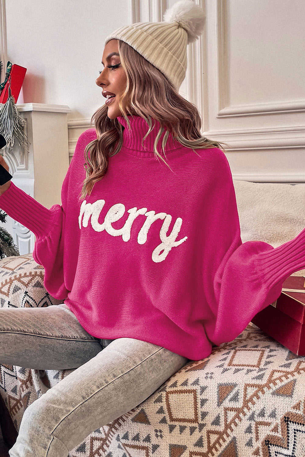 Merry Letter Embroidered High Neck Sweater