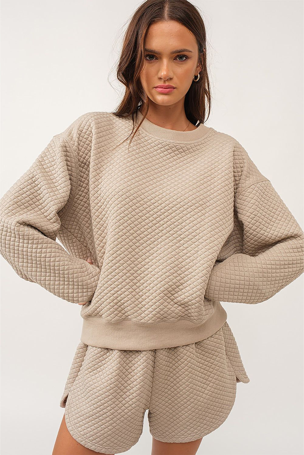 Solid Color Quilted Long Sleeve Top and Shorts Set