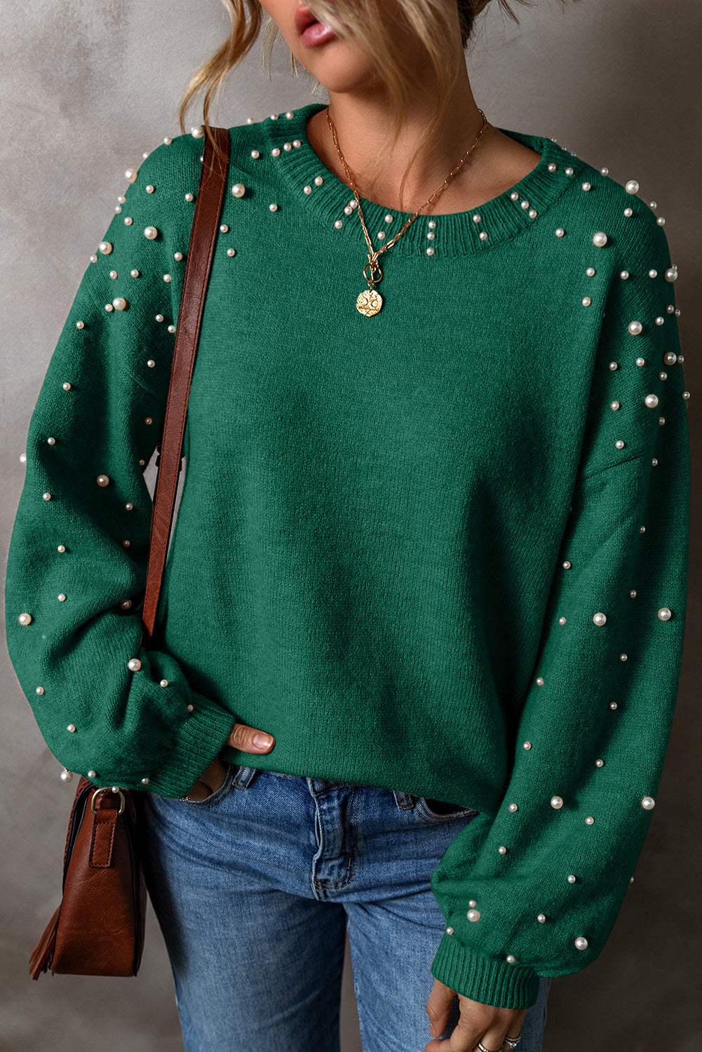 Pearled Drop Shoulder Round Neck Sweater