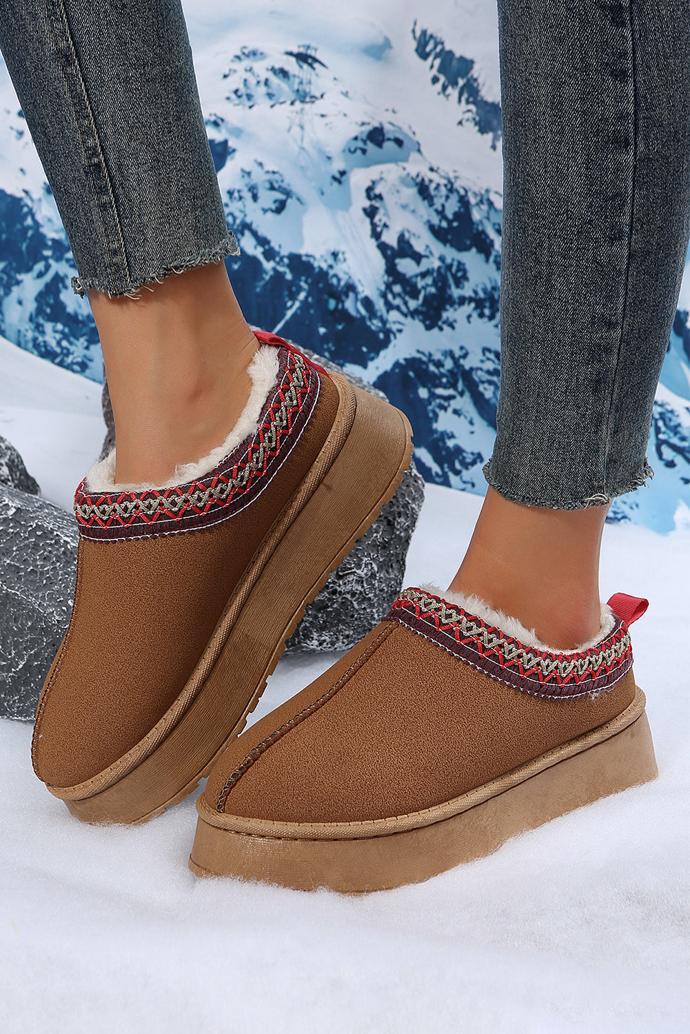 Contrast Print Suede Plush Lined Snow Boots