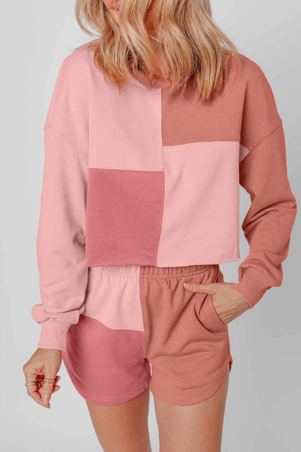 Colorblock Patchwork Long Sleeve Shorts Outfit