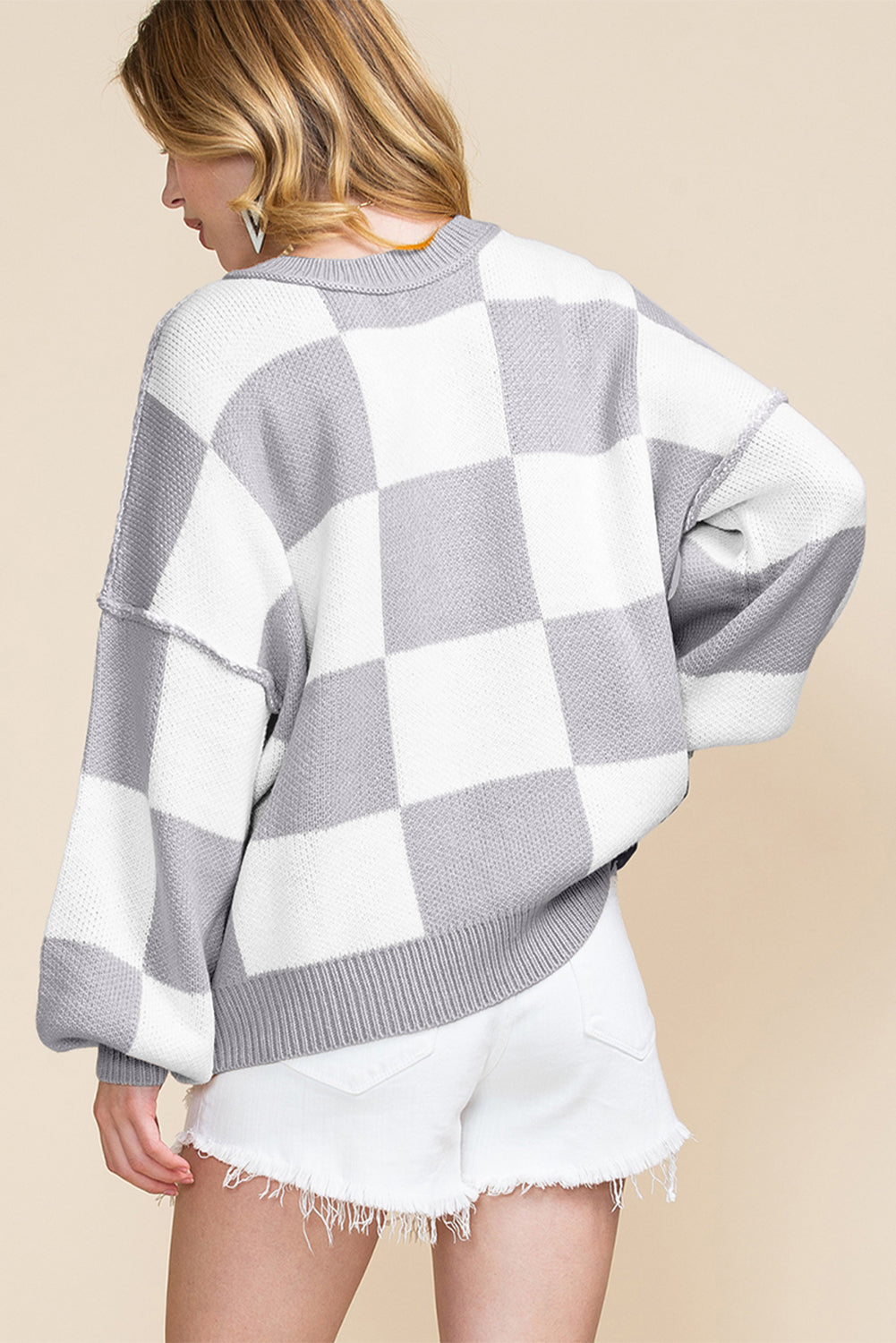 Checkered Bishop Sleeve Sweater