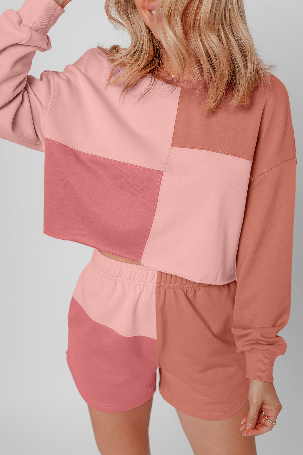 Colorblock Patchwork Long Sleeve Shorts Outfit